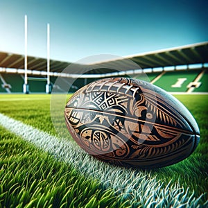 Rugby ball with tribal ornament, resting on a sideline of the lush green rugby field. Generative AI