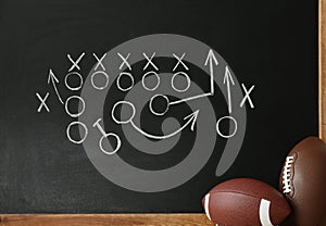 Rugby balls near chalkboard with football game