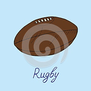 Rugby brown ball, hand drawn doodle sketch with inscription, isolated vector color illustration