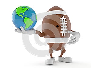 Rugby character holding world globe