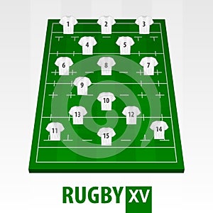 Rugby field with player position. Green Rugby 15 field