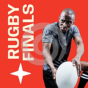 Rugby finals text in white on red with african american male rugby player passing ball