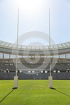 Rugby goal post on a sunny day in the stadium