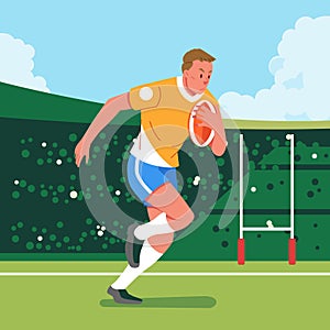 Rugby player fast running across field carrying the ball side view