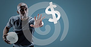 Rugby player with hand out towards dollar sign against blue background