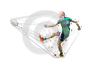 Rugby player kicking ball, isolated low poly vector illustration. Team sport