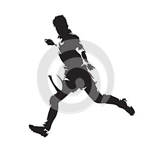 Rugby player kicking ball, isolated vector silhouette. Side view