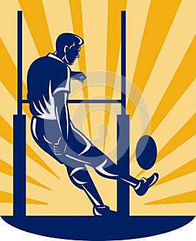 Rugby player kicking at goal post