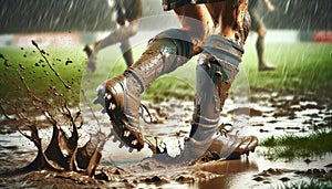 rugby player muddy boots in mid-sprint across a very muddy field with visible puddles. Generative AI