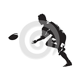 Rugby player passing ball, isolated vector silhouette, side view. Team sport