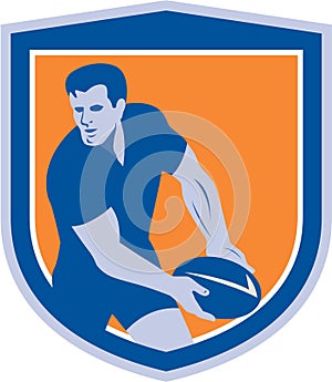 Rugby Player Passing Ball Shield Retro