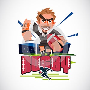 Rugby player with rugby ball character design . logotype - vector illustration