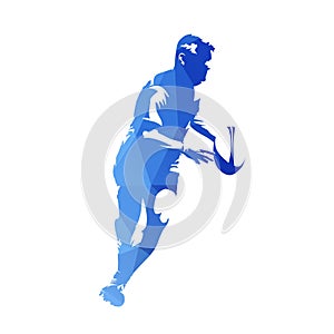 Rugby player running with ball, abstract blue geometric vector s