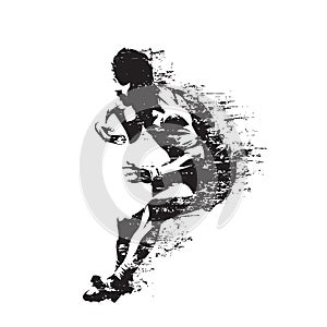 Rugby player running with ball, abstract isolated vector silhouette, side view