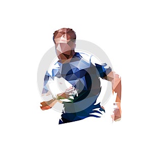 Rugby player running with ball, isolated low polygonal vector illustration, geometric drawing from triangles