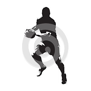 Rugby player running with ball, isolated vector silhouette,front view. Ink drawing. Team sport