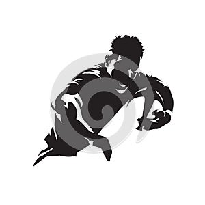 Rugby player running with ball, team sport logo. Isolated vector