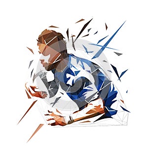 Rugby player running and holding ball, low polygonal vector illustration. Geometric isolated rugby logo from triangles photo