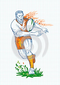 Rugby player running passing ball