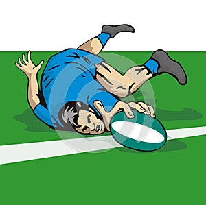 Rugby player scoring a try