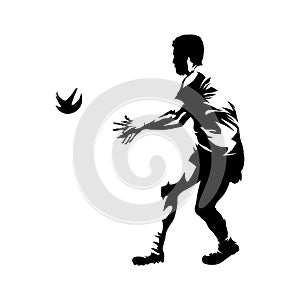 Rugby player throws ball, isolated vector silhouette, ink drawing, team sport ahtlete