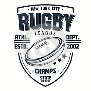 Rugby t-shirt print, sport club emblem, college league sportswear design. Vector