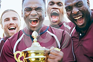 Rugby trophy, sports team portrait and excited scream for teamwork, achievement or winning game, match or competition