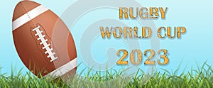 Rugby world cup 2023 web banner background illustration with ball on grass and text