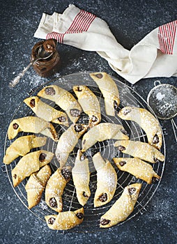 Rugelach with chocolate filling. Traditional Jewish holiday cookie