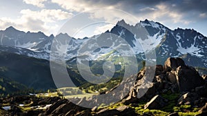 Rugged alpine vista with snow-capped mountains and blue sky