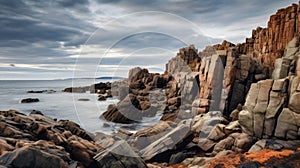 Rugged Beach With Sharp Boulders And Stormy Skies