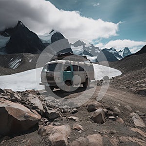 Rugged Camper Van Parked on the Edge of a Remote Wilderness Area with Glacier