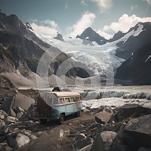 Rugged Camper Van Parked on the Edge of a Remote Wilderness Area with Glacier