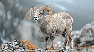 In the rugged Canadian Rockies, a majestic bighorn sheep stands proudly on a mountainside, its gaze commanding the wilderness