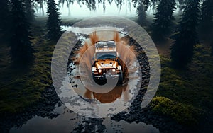 rugged car splashes through a muddy trail at sunset