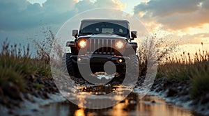 rugged car splashes through a muddy trail at sunset