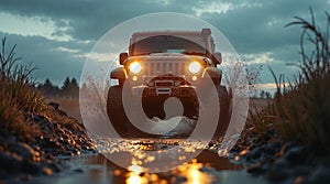 rugged car splashes through a muddy trail at sunset