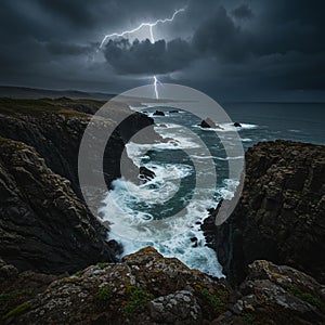 Rugged cliffs frame a tempestuous ocean beneath a stormy sky. Dark clouds loom, photo