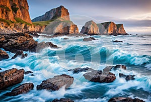 The rugged coastline is a battleground where crashing waves clash against ancient rocks, their tumultuous dance creating photo