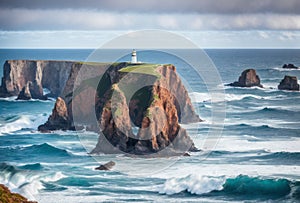 The rugged coastline stands defiant against the relentless assault of crashing waves, its towering cliffs bearing