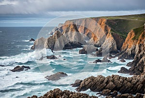 The rugged coastline stands defiant against the relentless assault of crashing waves, its towering cliffs bearing