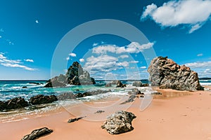 Rugged eroding rocks on ocean coastline. NSW, Australia.