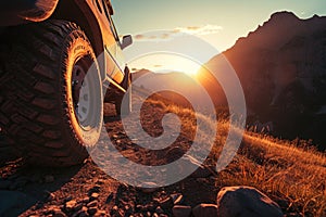 A rugged jeep drives down a dirt road during sunset, kicking up clouds of dust as it navigates the rough terrain