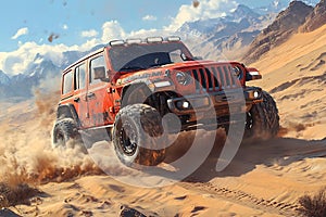 A rugged jeep navigating through a deserted mountainous area, kicking up sand dust photo