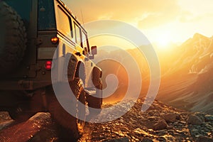 A rugged jeep is seen maneuvering down a rocky road, illuminated by the warm hues of the setting sun. Dust kicks up