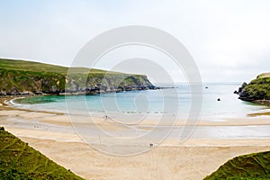 Rugged landscape at Malin Head, County Donegal, Ireland. Beach with cliffs, green rocky land with sheep on foggy cloudy