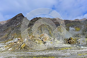 Rugged landscape of White Island, New Zealand`s most active cone volcano