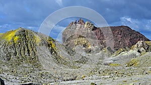 Rugged landscape of White Island, New Zealand`s most active cone volcano