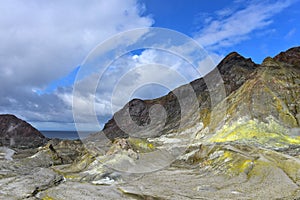 Rugged landscape of White Island, New Zealand`s most active cone volcano