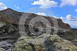 Rugged landscape of White Island, New Zealand`s most active cone volcano